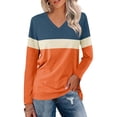 thumbnail image 2 of Spring Tops For Women Summer Color Block V Neck Long Sleeve Loose Casual Fashion Shirts Pullover Tee Shirts Holiday Wear,Orange,XL, 2 of 5