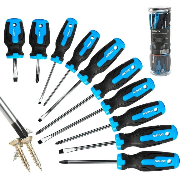 Neiko, Chrome Vanadium Steel 4" x 8" 3" x 4" Nonslip TPR Magnetic Screwdriver Set 10 Pieces