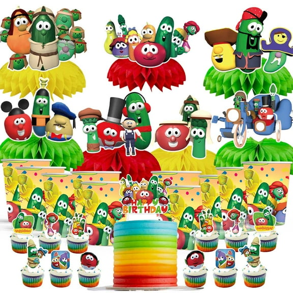 VeggieTales in the House Party Supplies Decor Cups Fans Decorations Honeycomb Centerpieces Cake Toppers