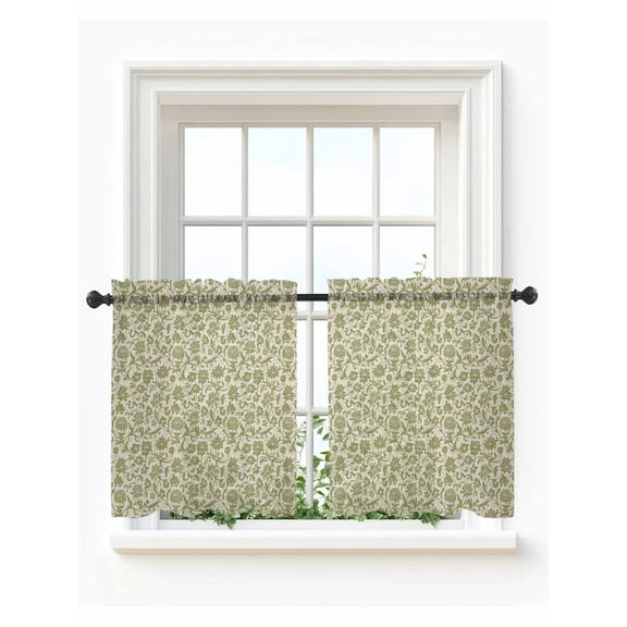 Green Floral Tier Curtains 24 Inch Length, Sheer Curtains for Bedroom Living Room Window Vintage Rustic Botanical Spring Rod Pocket Voile Drapes Kitchen Curtains Small Half Window 27.5"x24" 2 Panels