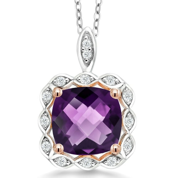 Gem Stone King 18K Two-Tone Sterling Silver Pendant Necklace for Women Cushion Checkerboard Amethyst and Moissanite (3.07 Cttw)