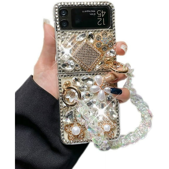 Case for Samsung Galaxy Z Flip 3 with Lanyard,Luxury Bling Diamond Rhinestone Gemstone 3D Perfume Bottle and Flower Gemstone Cover Case for Women Girls with Galaxy Z Flip 3 5G (2021)