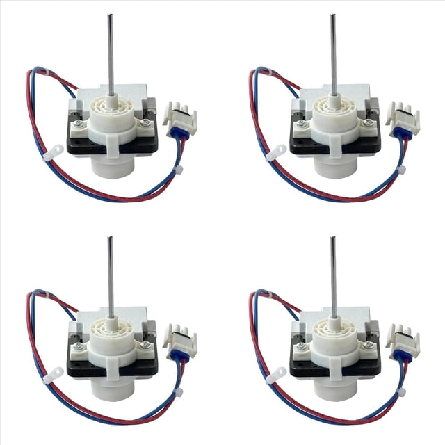 4x motor del ventilador del condensador del evaporador del refrigerador de 115 v 2,6 w 60 hz para refrigeradores 294d1233p002 fdqc18ma5e Conjunto de cuatro motores gris y negro en vista frontal centrada; eje metálico largo vertical, carcasa plástica blanca con base negra, conector de 2 pines con cable rojo y azul de ~48 cm, eje ≈5.4 cm (2.1 in) y diámetro 3.15 mm; compatible con modelos 294D1233P002 y FDQC18MA5E; a menudo usado para reemplazo rápido en reparaciones domésticas de refrigeradores.