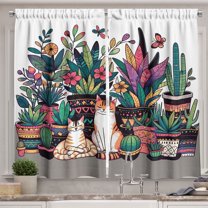 Ambesonne Cat Kitchen Curtains, Modern Blooms Kitties Cozy Calm, 55"x24", Teal Pink and Purple