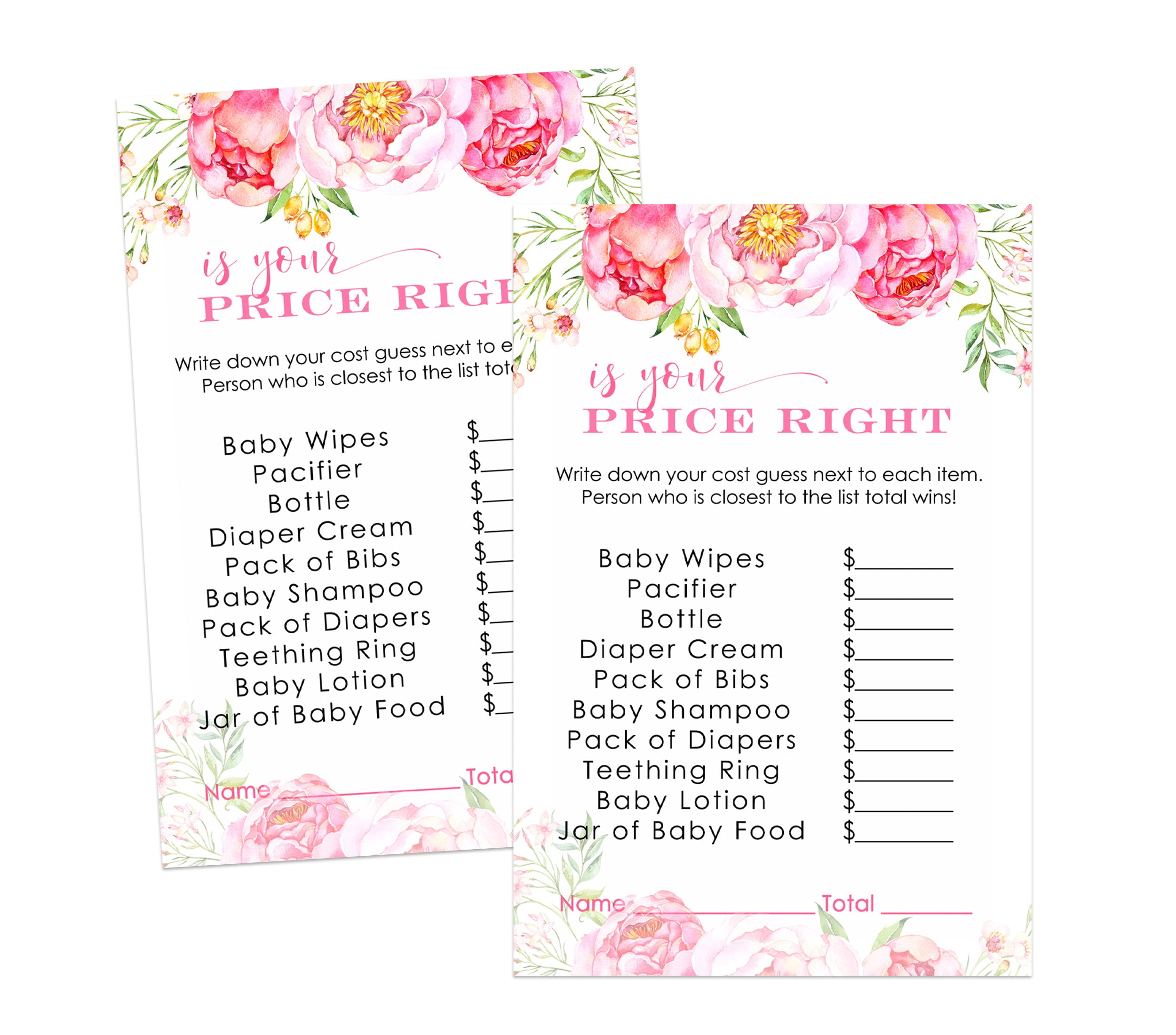 Cottage Floral Guess the Price Baby Shower Game 25 Pack Guessing Activity Cards - Girls Rustic Country Flower Pink - Printed 4x6 Size Set - Paper Clever Party