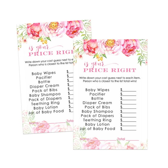 Cottage Floral Baby Shower Game Guess the Price Cards (25 Pack) Girls Baby Shower Games - Rustic Pink and Gold Themed - 4x6 Size Set - Paper Clever Party
