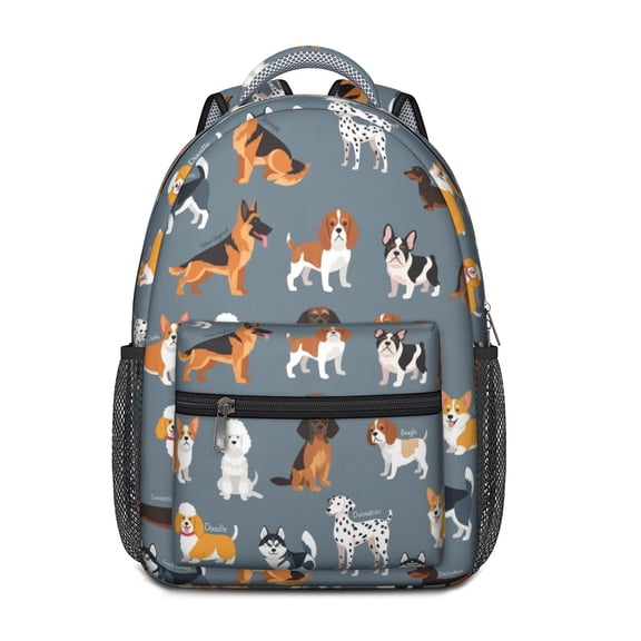 Mixed Breed Dogs Grey Pattern Backpack for School, Cute School Bag with Adjustable Shoulder Straps and Padded Back, 15.3"x11"x6.7"