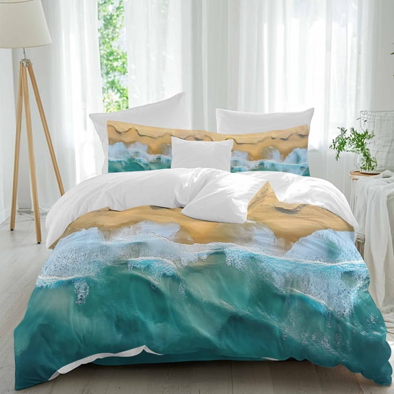 Abstract Ocean Beach Twin Size Comforter Set, Blue Sea Wave Sand Modernism Bedding for All Seasons, 4 Pcs Bed Set, 1 Quiltcover (68"x86") ,1Sheet(67"x116"), 2Pillowcases (30"x20")