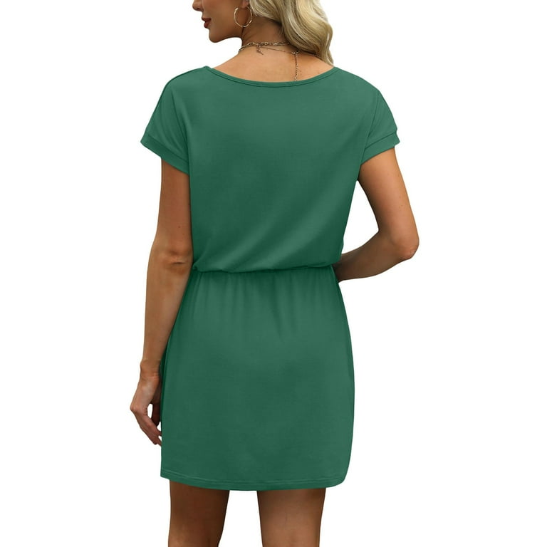Evdexr Women's T Shirt Dresses Drawstring Cinched Waist Midi Dress Petite V  Neck Beach Dresses Short Sleeve Tummy Control Lounge A-Line Sundress with  Pockets Green 2XL - Walmart.com