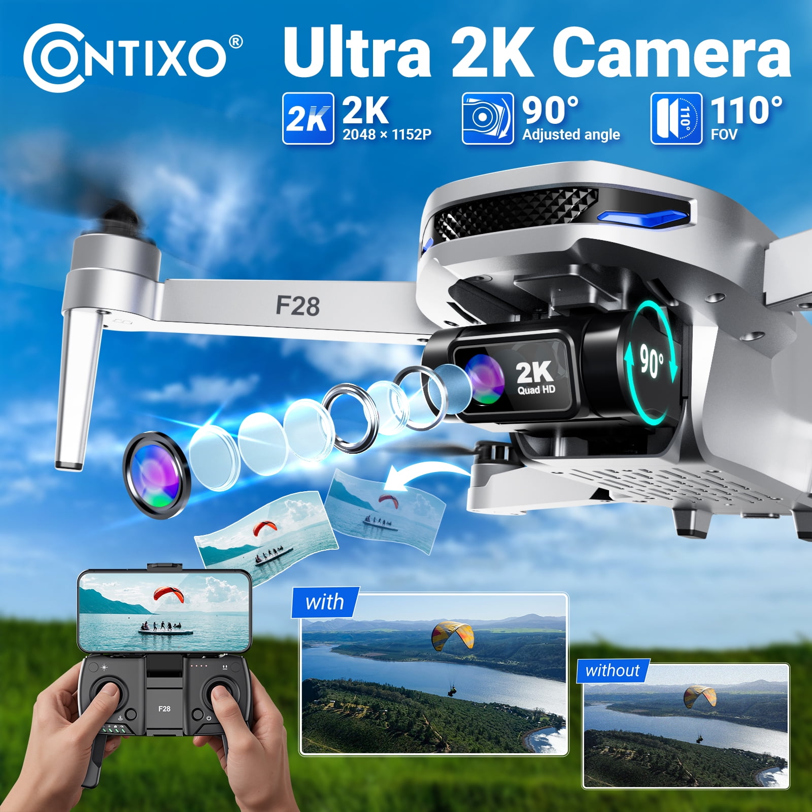 Contixo F28 GPS Drones for Adults with Camera, Foldable RC Drone with 2K Full HD Camera and 26-Min Flight, Gray