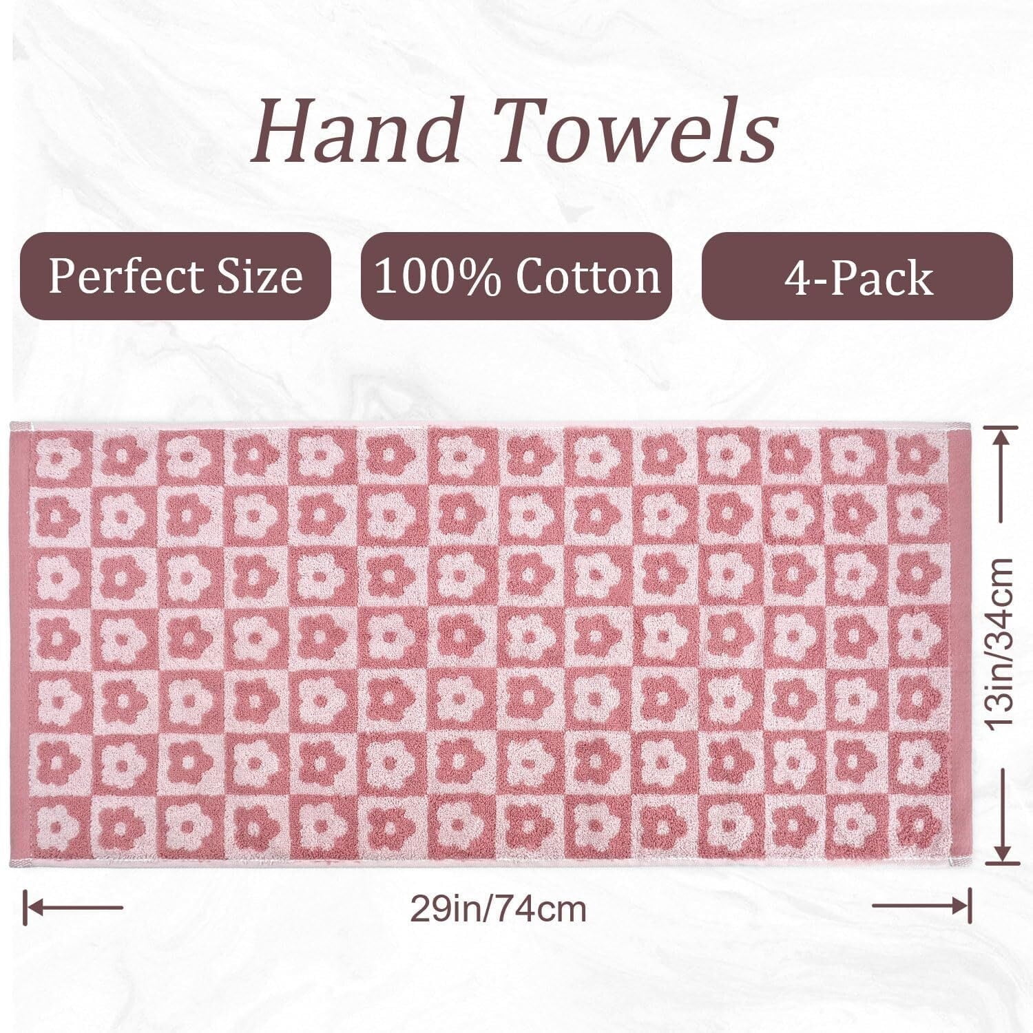 Cotton Hand Towels Pink Checkered Floral - Quick Drying Hand Towel Set of 4, for Women Girls Wife Mom Daughters, 29" x 13"