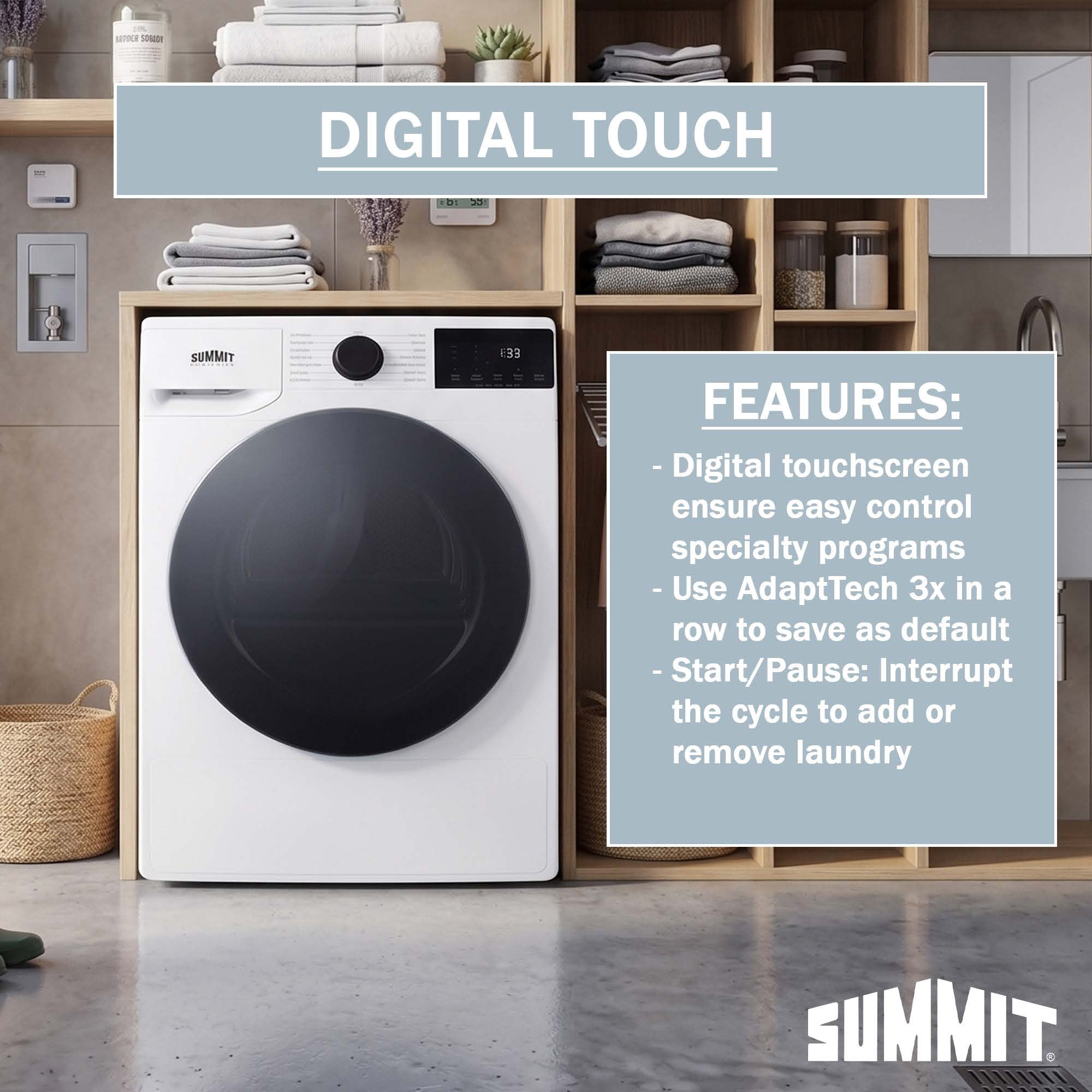Summit 4.1 cu.ft. Dryer, ENERYSTAR Certified, 208-240V, 15.4 lbs Load, 24 Inch Wide, White - SLDV342