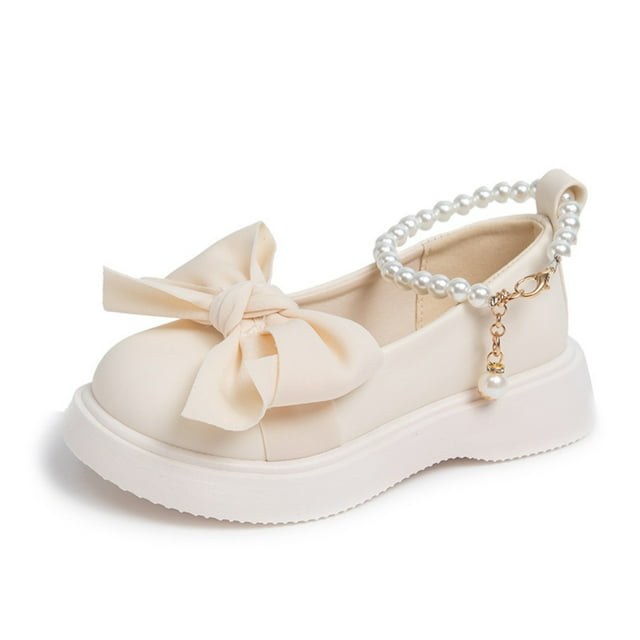 Girls' Sparkling Princess Shoes with Pearl Rhinestone Bowknot - White/Black, Breathable Lining, Non-Slip Wear-Resistant Sole, Hook & Loop Closure, Size 29 (Inner Length 17.5cm) - Stylish Soft-Soled