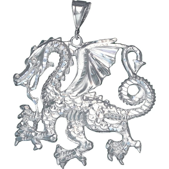 Large Heavy Sterling Silver Dragon Pendant Necklace 3 Inches 27 Grams with Diamond Cut Finish and 24 Inch Figaro Chain