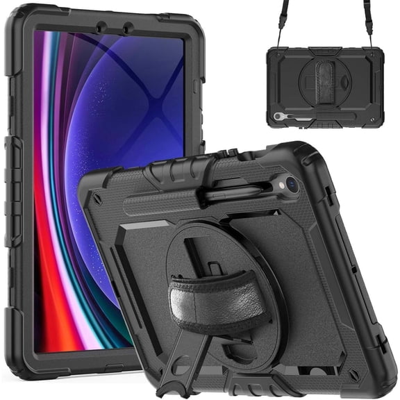 JINRAN Case for Samsung Galaxy Tab S10 FE/ S9 FE 5G 10.9 Inch/Tab S9 11 Inch, Heavy Duty Shockproof Protective Case with Screen Protector, 360° Rotating Stand, Hand/Shoulder Strap