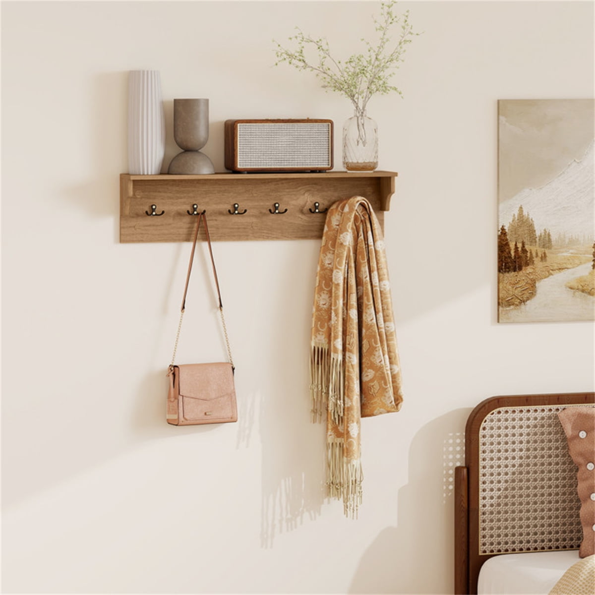 Natural Wood Wall Mount Coat Rack with Shelf 6 Hooks Entryway Organizer Floating Shelf for Keys Hats Bags Towels 110 lb Capacity Mudroom Bathroom Bedroom Storage Space Saving 31.5In Rustic Home Decor