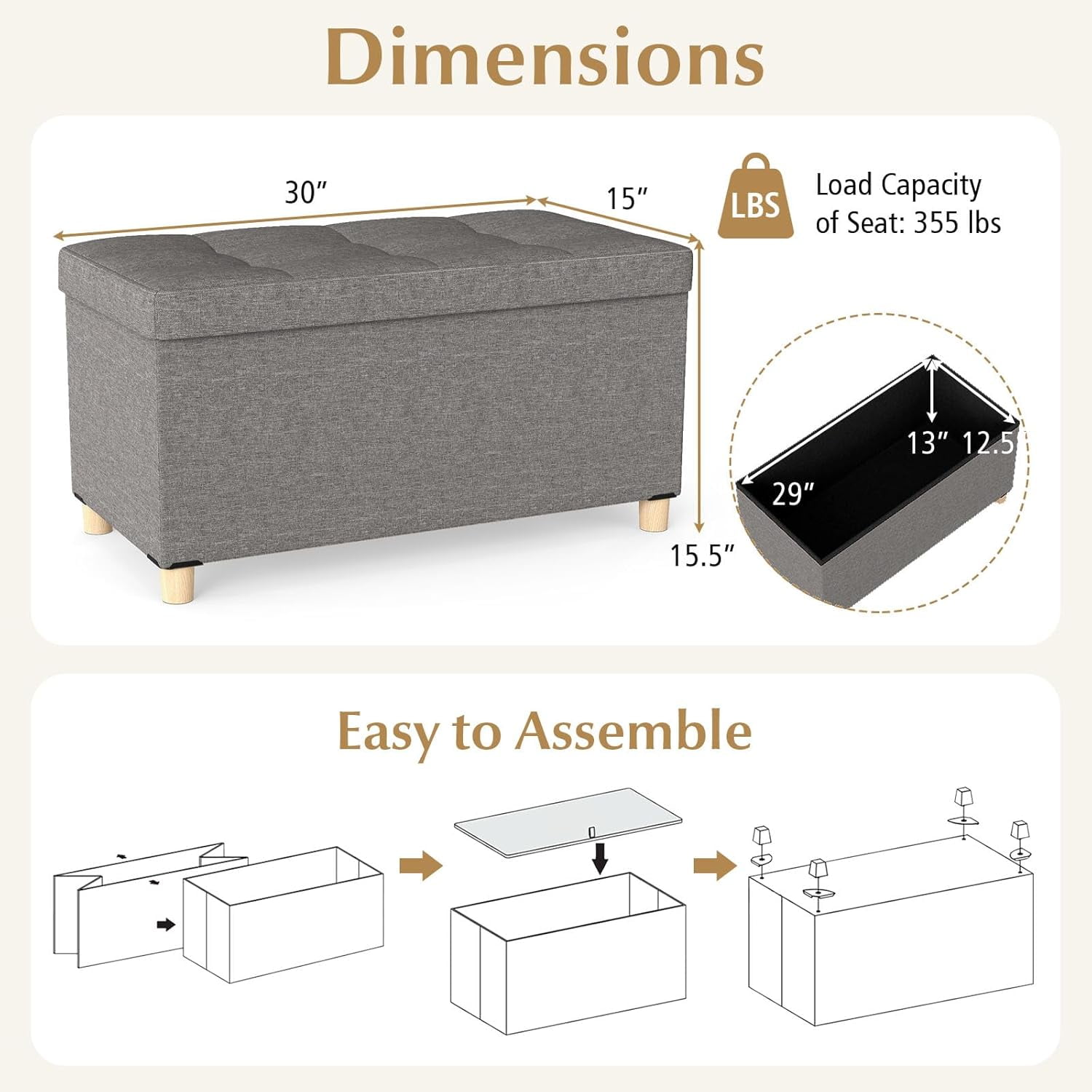 GOFLAME 30 Inches Storage Ottoman Bench, Linen Fabric Footstool with Flip Top Tray, Padded Foot Rest Stool, Rectangular Eed of Bed Bench, Storage Chest for Living Room, Bedroom, Entryway