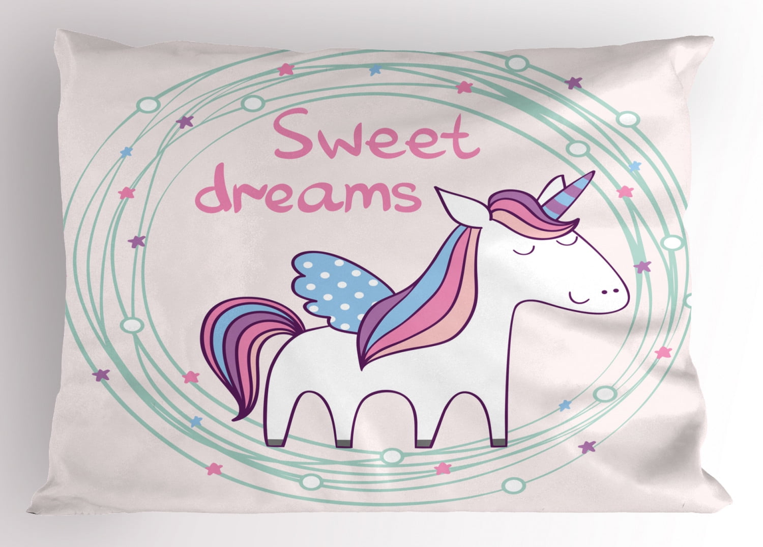 Sweet Dreams Pillow Sham Cute Magical Unicorn with Hand Drawn Circles