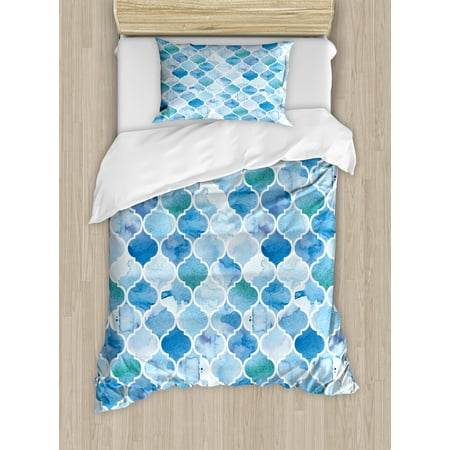 Moroccan Style Duvet Moroccan Duvet Cover Set, Oriental Style Arabic Mosaic Pattern in Watercolor Paint Retro Style Artwork Print, Decorative Bedding Set with Pillow Shams, Pale Blue, by Ambesonne ()