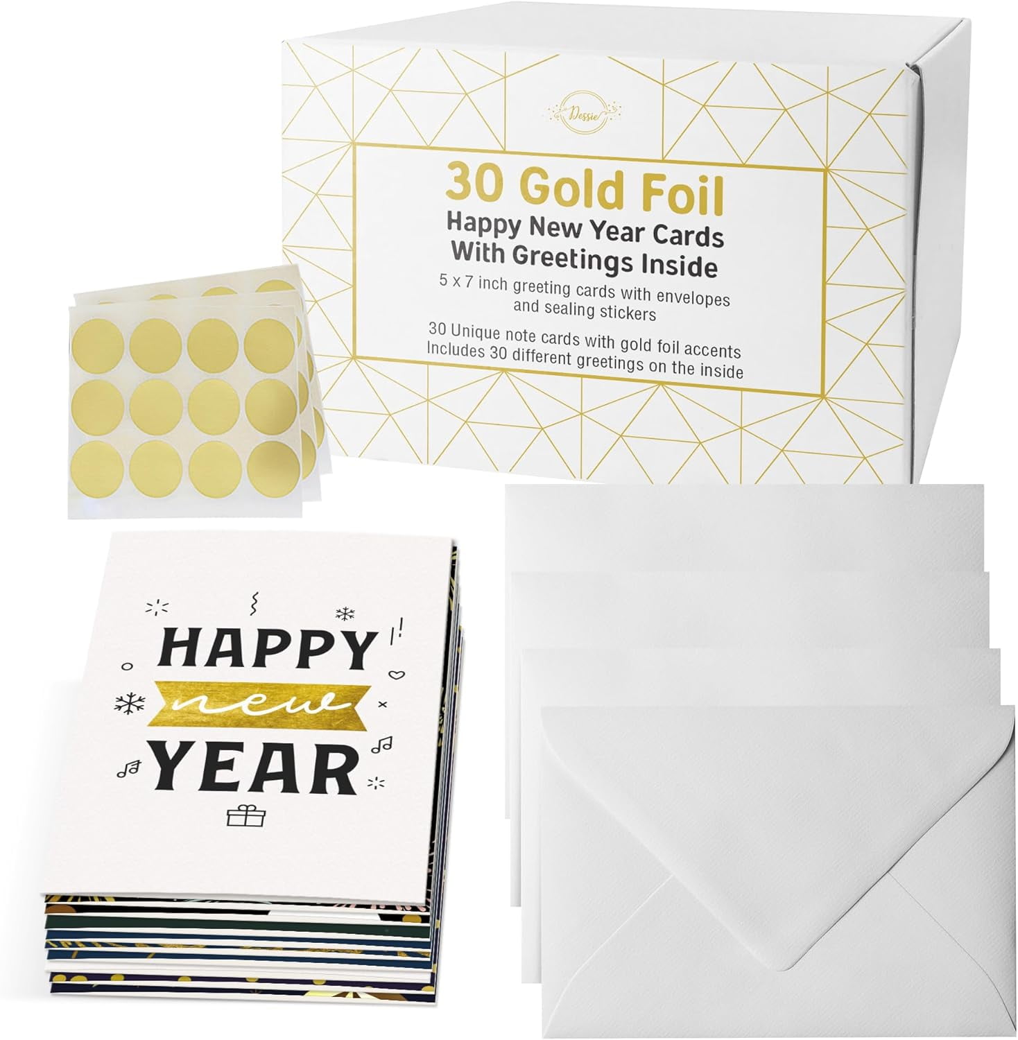 Dessie Boxed Happy New Year Cards – 30 Large 5x7 Cards with Gold Foil, 32 Envelopes & Box
