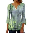 thumbnail image 2 of Blmnix Womens Graphic T Shirts Green Floral Tunic Gathered Waist Graphic Tees V-Neck 3/4 Sleeve S Shirts, 2 of 5