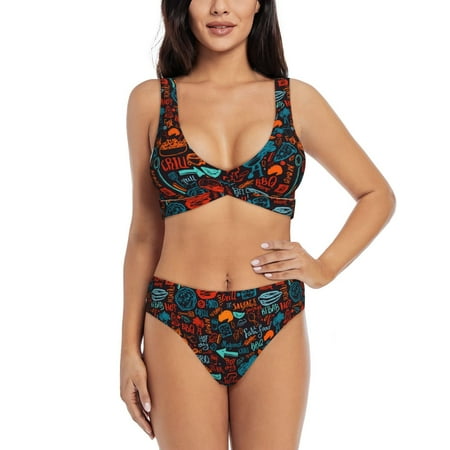 Zeuib Doodle Barbeque High Waisted Tummy Control Bikini Set - Knot Front Push Up Top & Cheeky Thong Bottom  Two-Piece Swimsuit for Women-Small