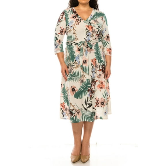 Women's Plus Size Faux Wrap Dress with Deep V-Neck and Waist Tie