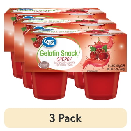(3 pack) Great Value Gelatin Snack Cherry, 4pack / 3.8oz
