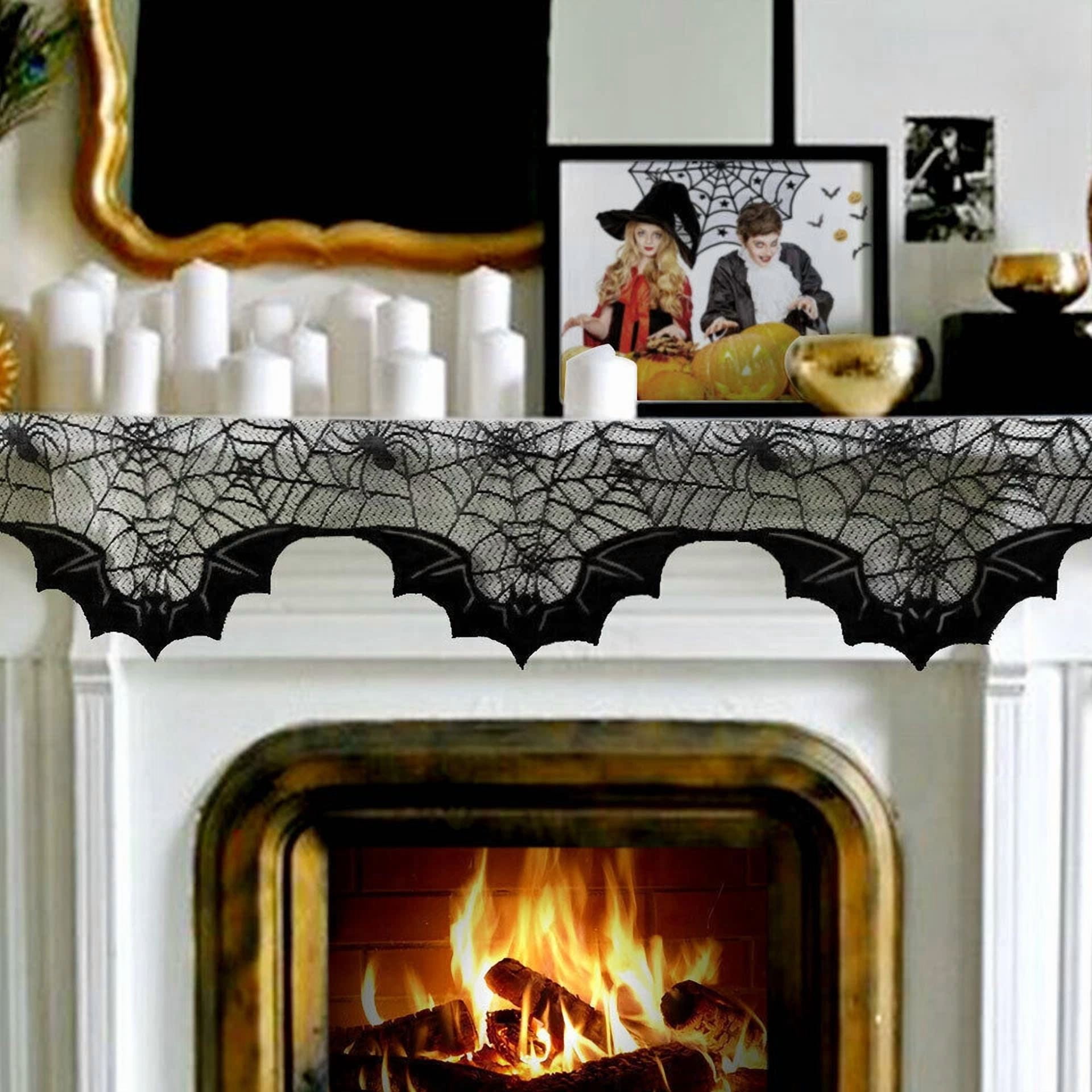 BUTTERFLY- Halloween Cobweb Fireplace Scarf Black Lace Spiderweb Mantle Scarf Party Decor