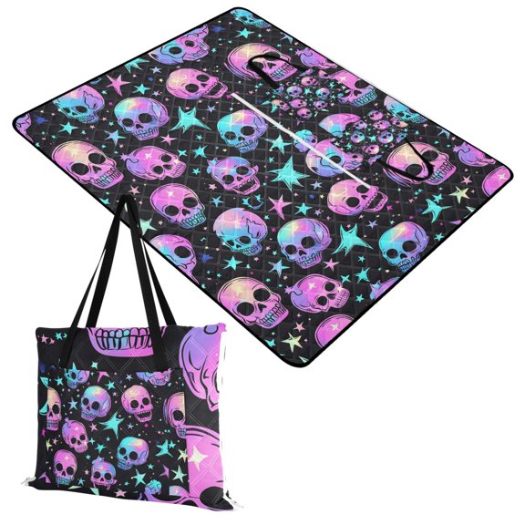 Extra Large Picnic Beach Blanket Waterproof Sand Proof Portable Outdoor Mat Neon Skulls and Stars 60x80