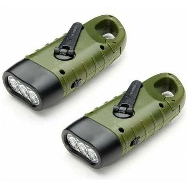 Linterna solar recargable (paquete de 2), lámpara de emergencia LED, linterna de manivela dinamo con mosquetón para senderismo, viajes, camping, escalada, verde militar Zhuoxuan