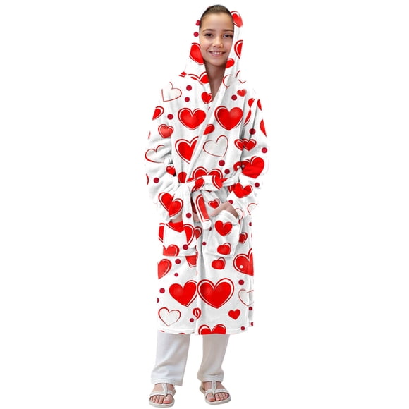 Childrens Fleece Bathrobe, Hooded Plush Robe for Girls, Thick Warm Sleepwear, Soft Button Down Loungewear for Home, Holiday, Travel