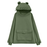 Carolilly Women Novelty Frog Hoodie, Cute Long Sleeve Solid Color Hooded Sweatshirt with Flap Pocket