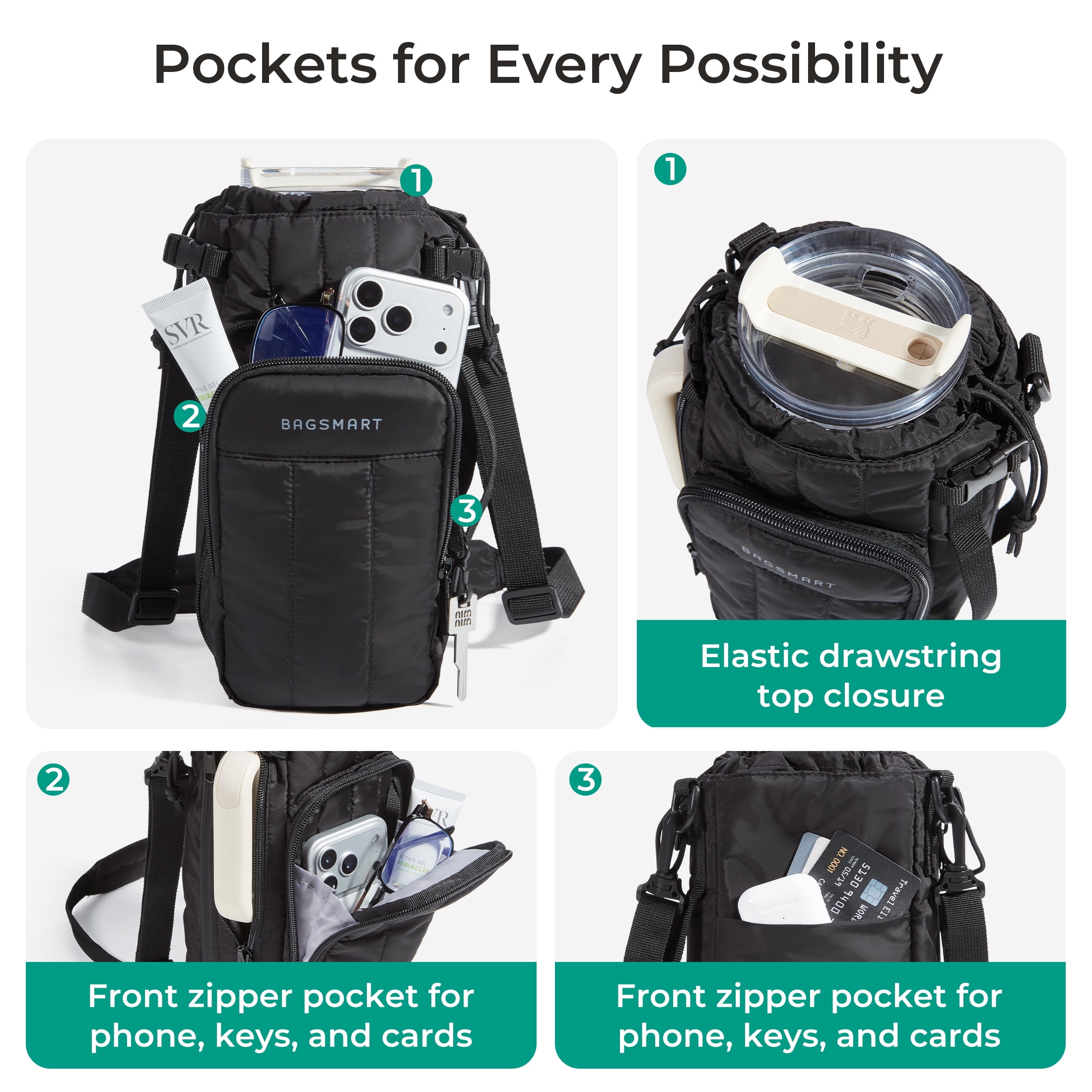 Bagsmart Unisex Expandable Water Bottle Carrier Bag for 32 oz to over 64 oz, Crossbody Water Bottle Holder with Adjustable Shoulder Hand Strap, Black