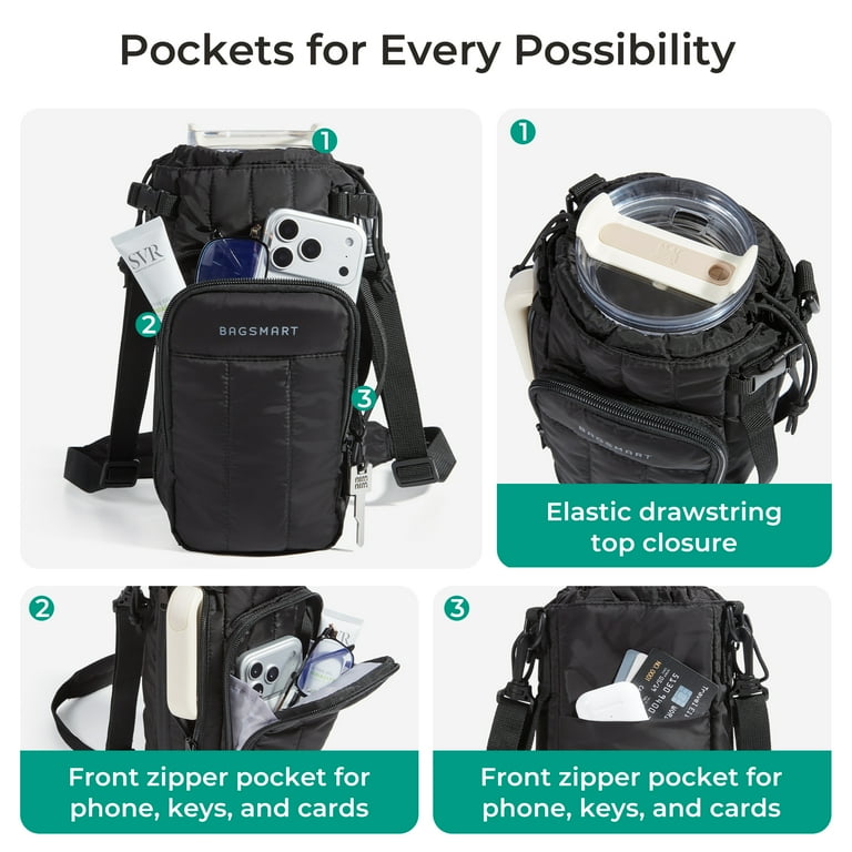 QUARKZMAN Wasserflaschenhalter mit verstellbarem Schultergurt Wasserflaschenträgertasche Mesh Crossbody Wasserflaschenträger mit Tasche für Sport, Wandern, Spazieren, Reisen, Lila