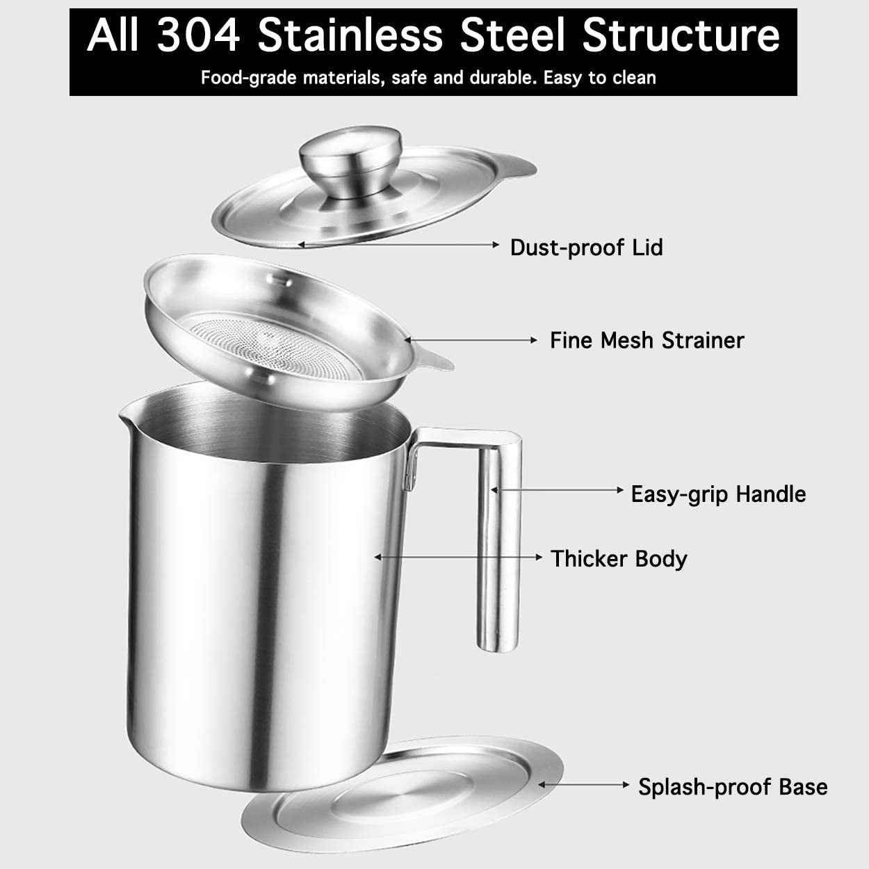 304 Stainless Steel Grease Strainer  Container 1.8L for Reuse Pot Kitchen Cookin