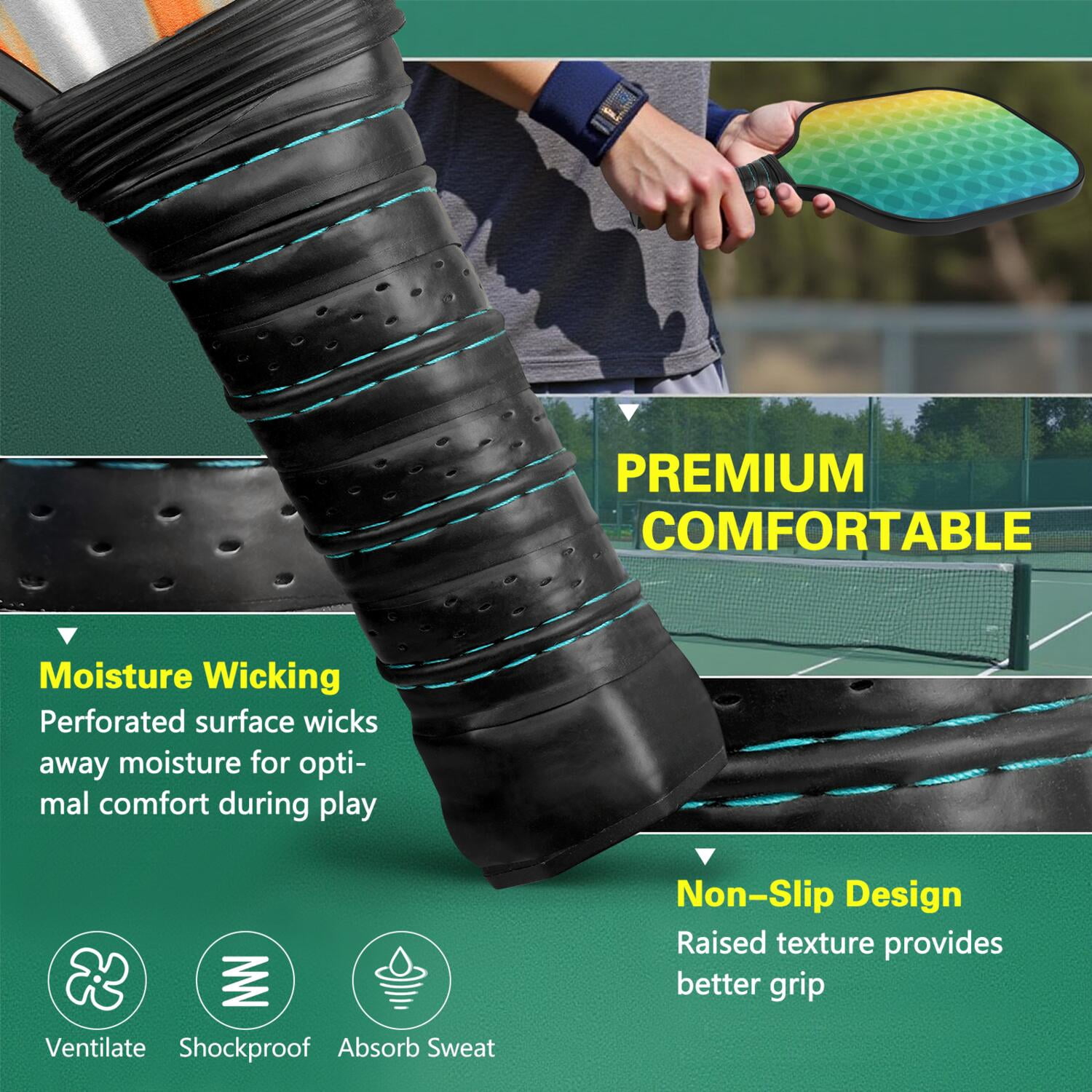 Pickleball Paddles Set Of 1, Fiberglass Surface, Vibrant Rainbow Print, 1 Paddle, 2 Balls & Bag