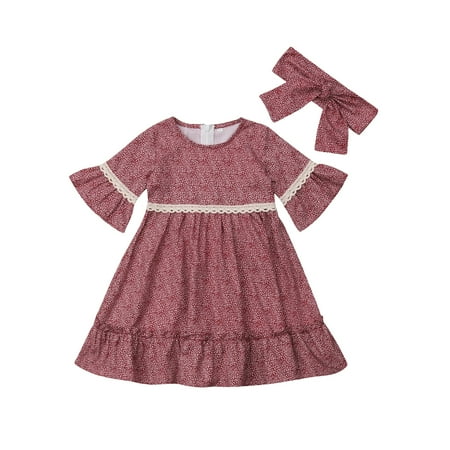 

Baby Girls Floral Lace Long Sleeve Dress with Headband