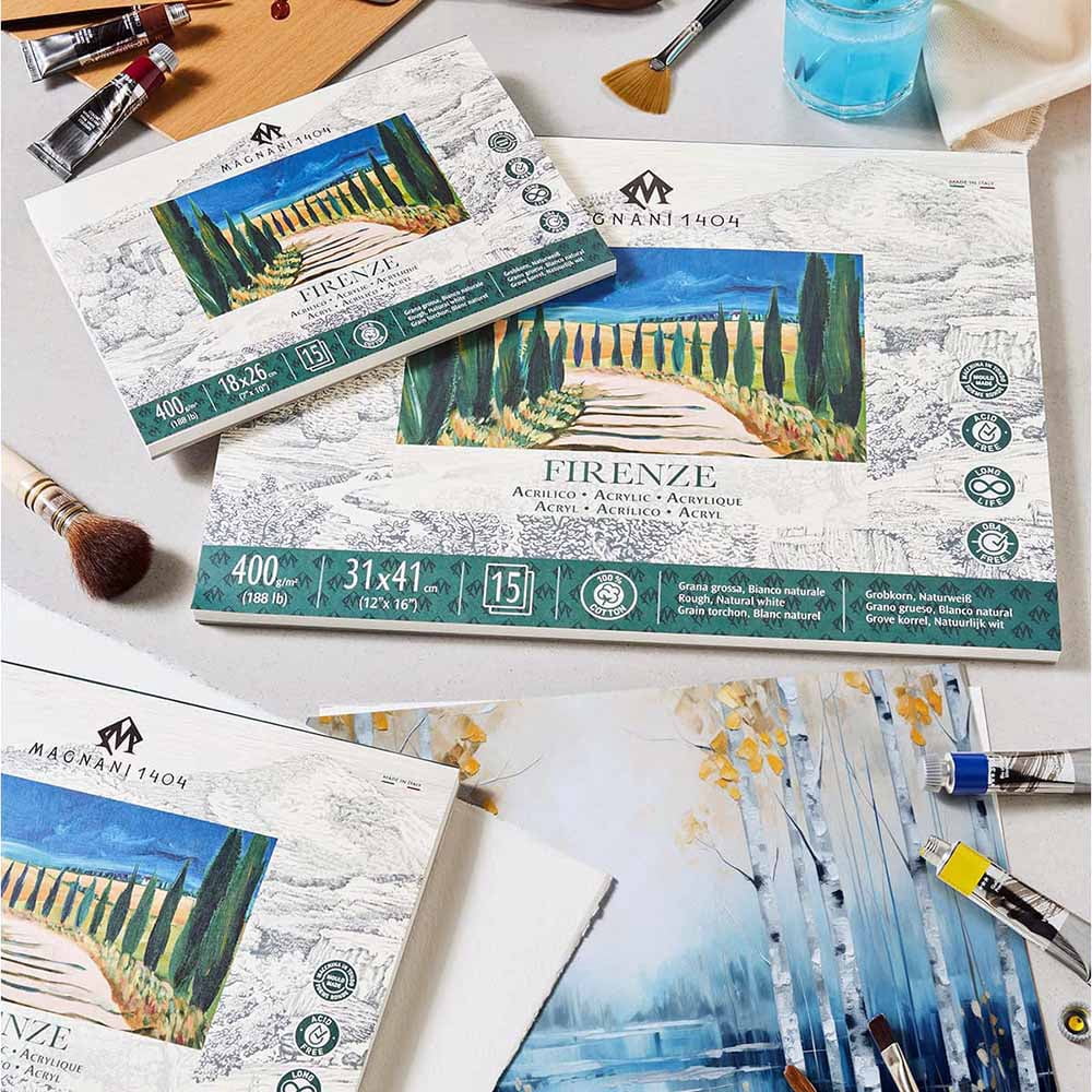 Magnani 1404 Firenze 100% Cotton Acrylic Paint Paper Pad, 188 lb. 15 Heavyweight Sheets, Rough Texture, Vegan Sizing, Natural White Acrylic Paper Pad for Acrylic, Gouache, Ink & Watercolor