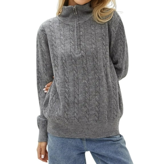 Women'S Sweaters Fall Winter Quarter Zip Casual Ribbed Cable Knit Pullover Grey One size
