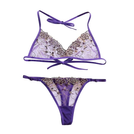 Purple Small Women Lace Mesh Lace Pants Pajama Set for Women Embroidery with French Style Lace Garter Belt Lingerie Set Lingerie Strap Bra Set