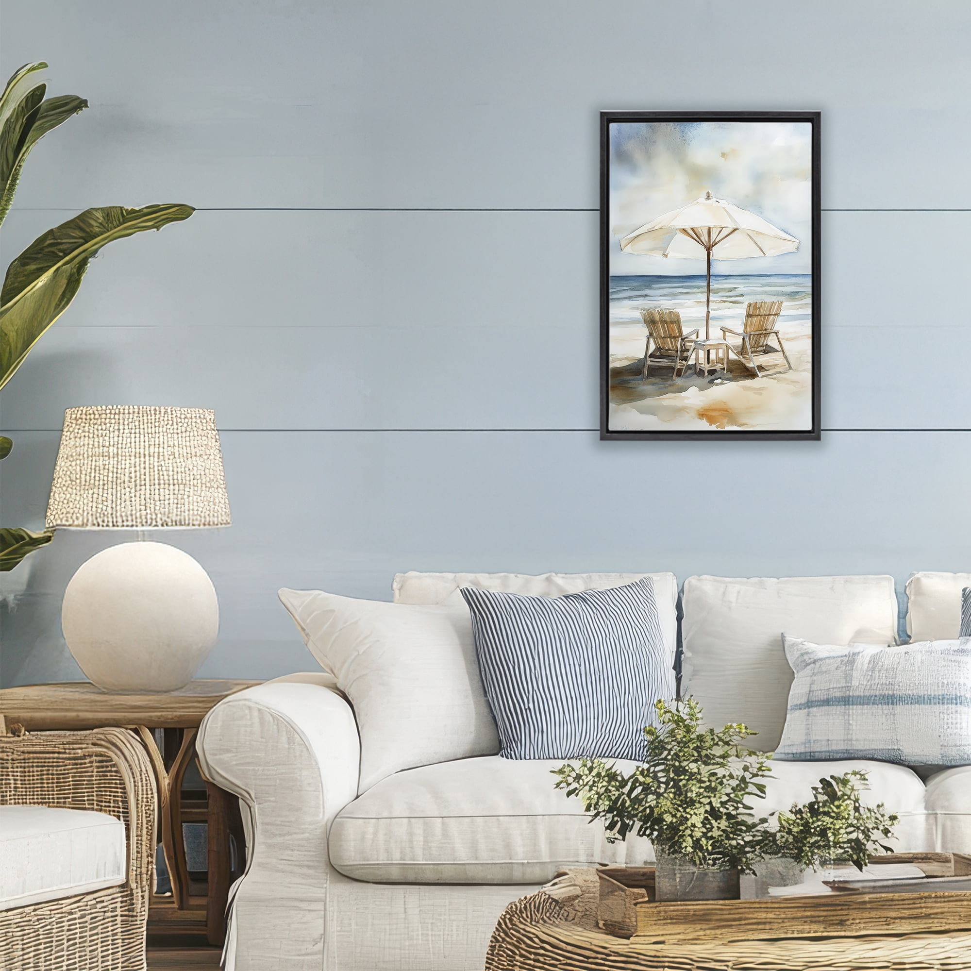 Stupell Industries Watercolor Paradise Beach Scene Black Framed Floater Canvas Wall Art, design by Petal Prints Design