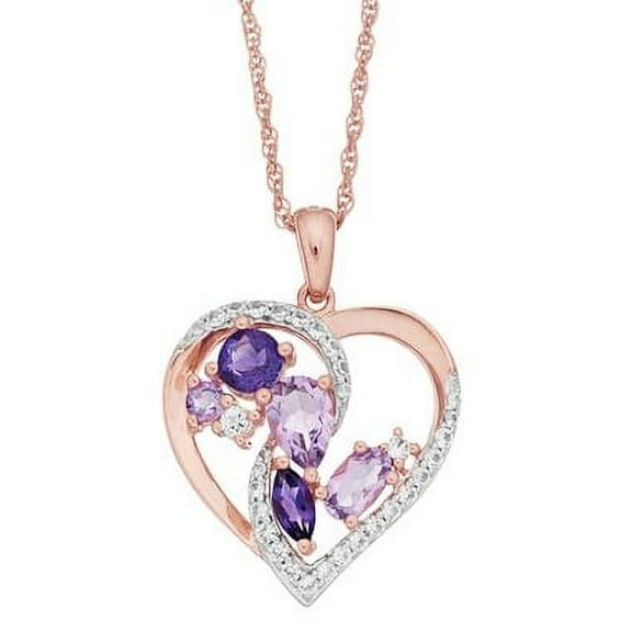 Brilliance 925 Sterling Silver with 14KP Gold Plated Amethyst, Rose de France and Created White Sapphire Pendant with 18" Chain