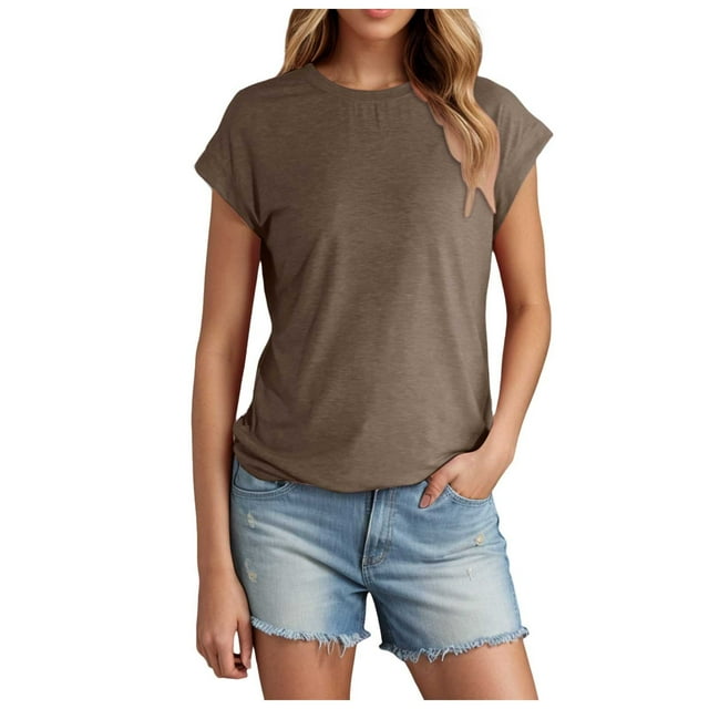 Women Summer Short Sleeved T Shirt Polyester Spandex Ribbed Knit for Summer Outings
