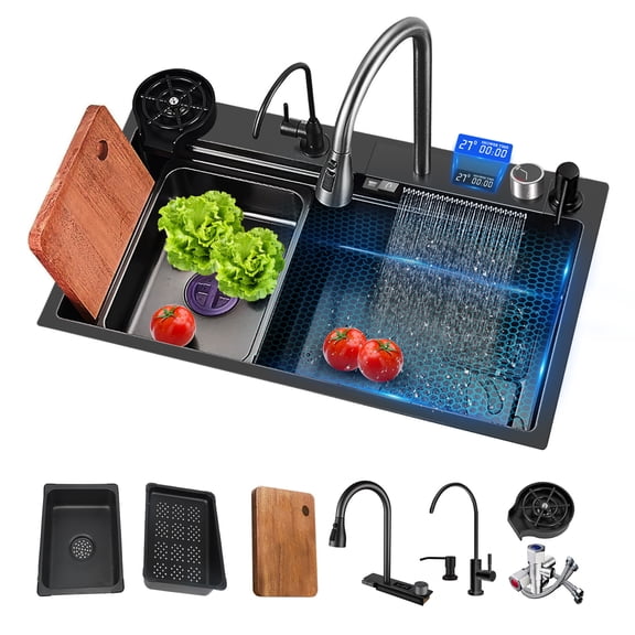Waterfall Kitchen Sink, 31.5" Single Bowl Drop In Kitchen Sink with Pull-Out Faucet, Thickened Stainless Steel Digital Display Kitchen Sink, Black