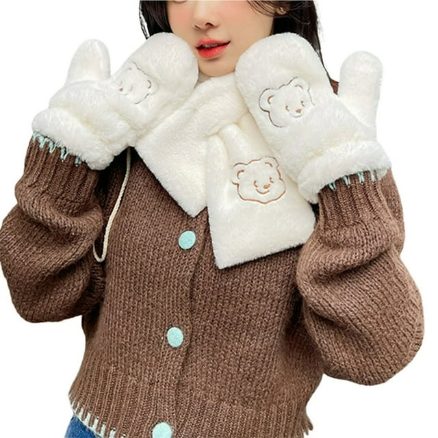 2Pcs/Set Embroidery Bear Pattern Hanging Rope Thickened Scarf Gloves Set Women Winter Solid Color Plush Scarf Mittens Costume Accessories