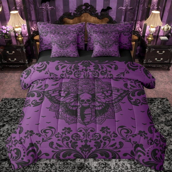 Castle Fairy Gothic Skull Moth Twin Bedding Sets 7-Piece for Boys Girls,Bohemian Hippie Damask Bedding Comforter Set Microfiber,Exotic Style Breathable Sheet Sets,Super Cozy Room Decor,Reversible