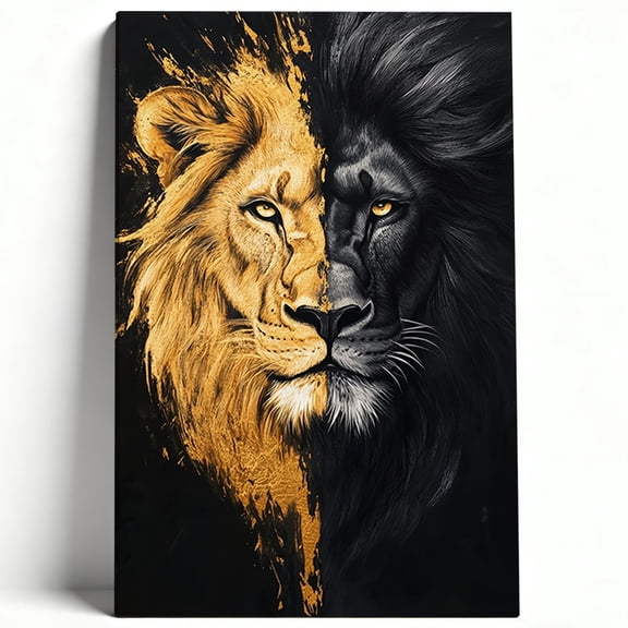 Abstract Gold and Black Lion Canvas Wall Art King Lion Portrait Painting Modern Living Room Office Wild Animal Decor Print Ready to Hang 8*12