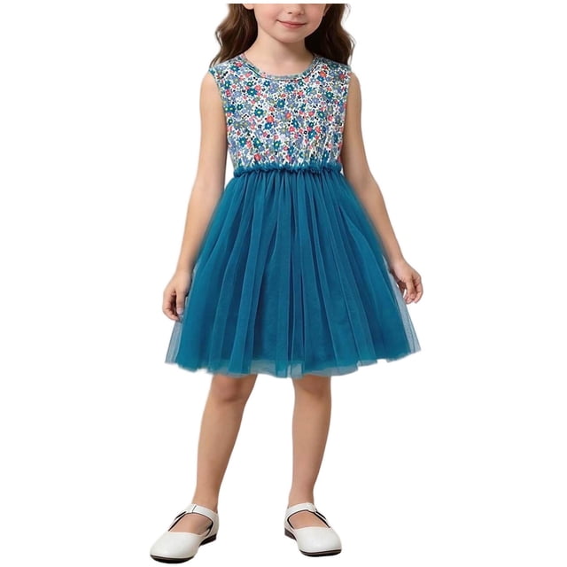 Vestido sin mangas de cuello redondo para niña, estampado de cuello redondo, sin mangas, de red, para verano, informal, para exteriores, de poliéster