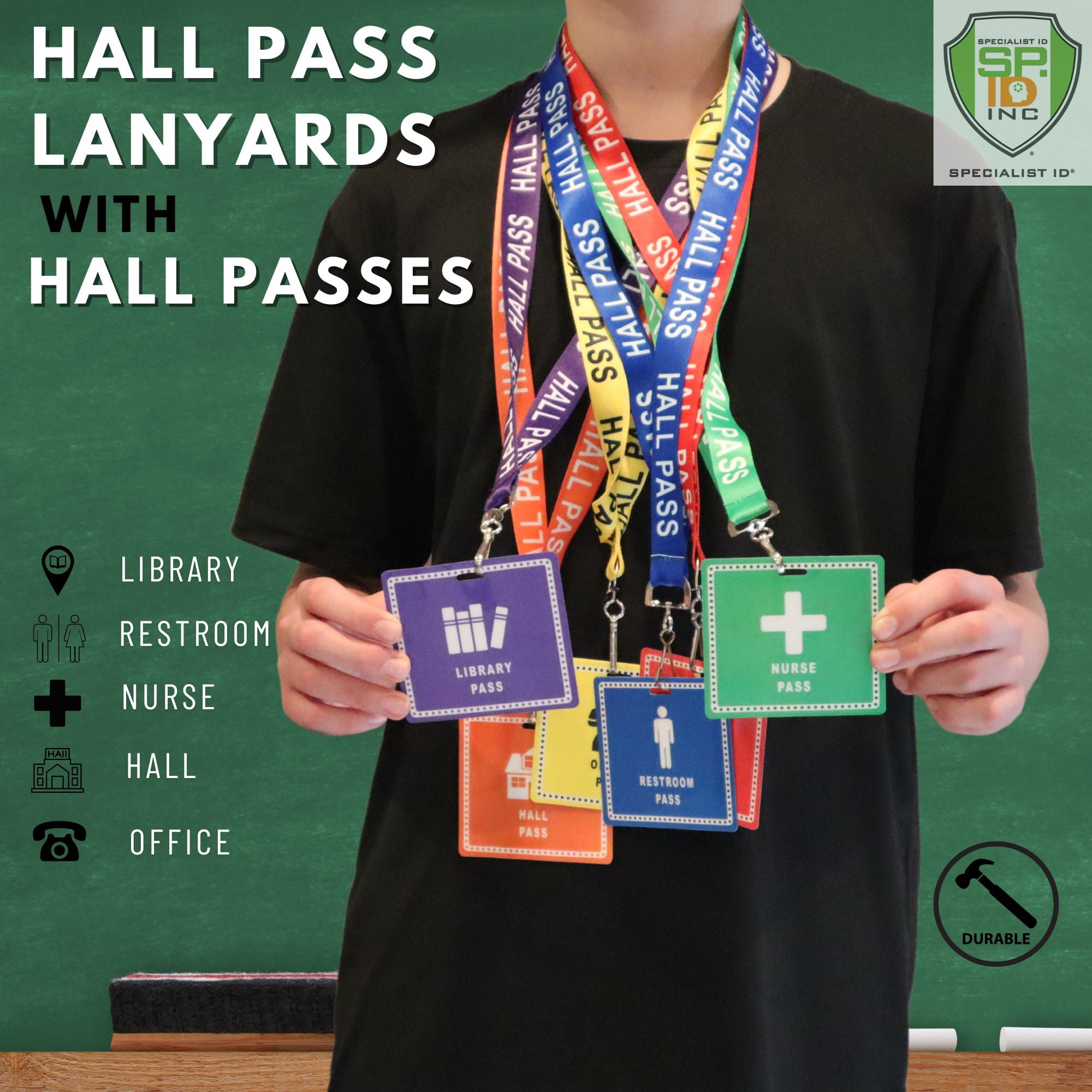 Bulk 36 Pack - Student Hall Pass Lanyards with Unbreakable Card Passes & Safety Breakaway Lanyards (Hall, Bathroom, Library, Office & Nurse) - Classroom/School Supplies for Teachers by Specialist ID